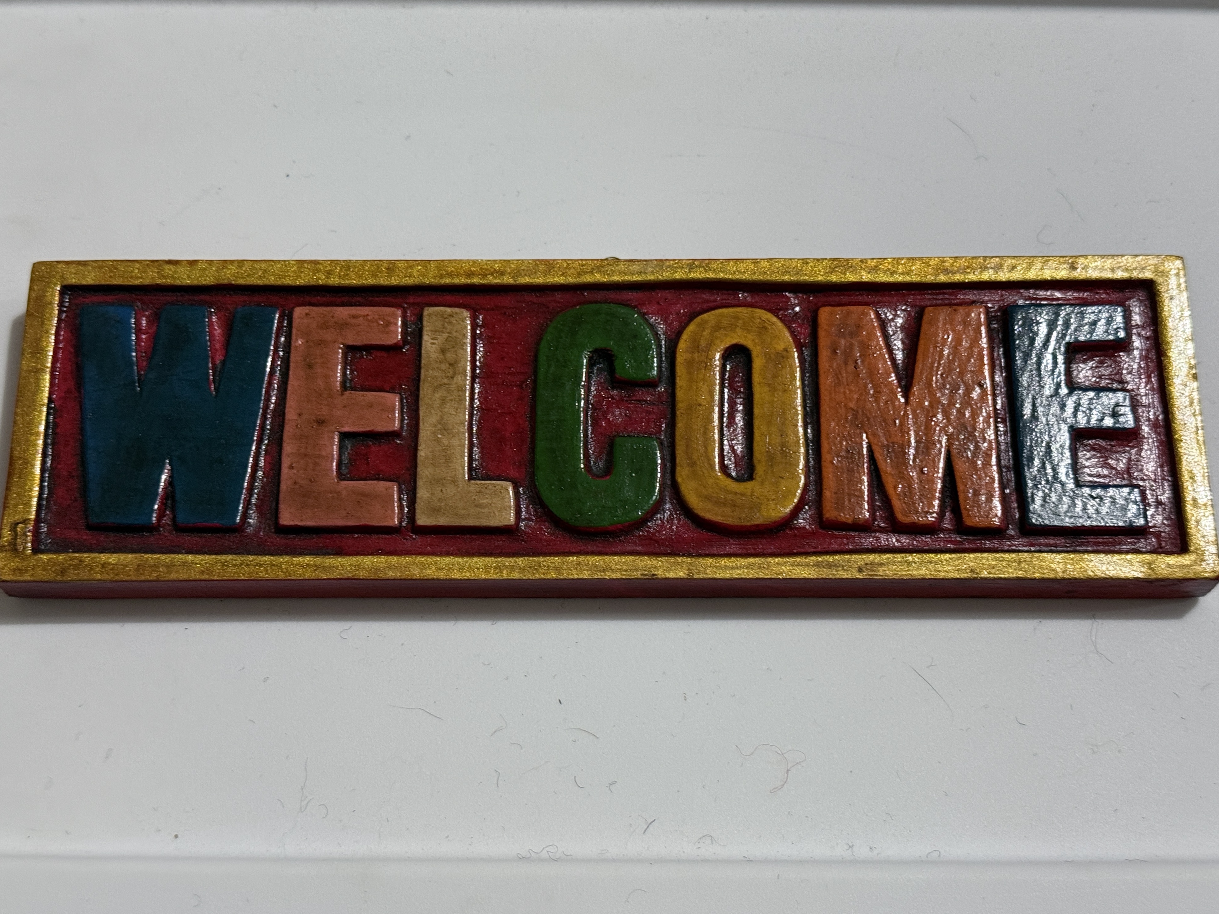 Hand-Carved Wooden “Welcome” Sign – Colorful Wall Decor